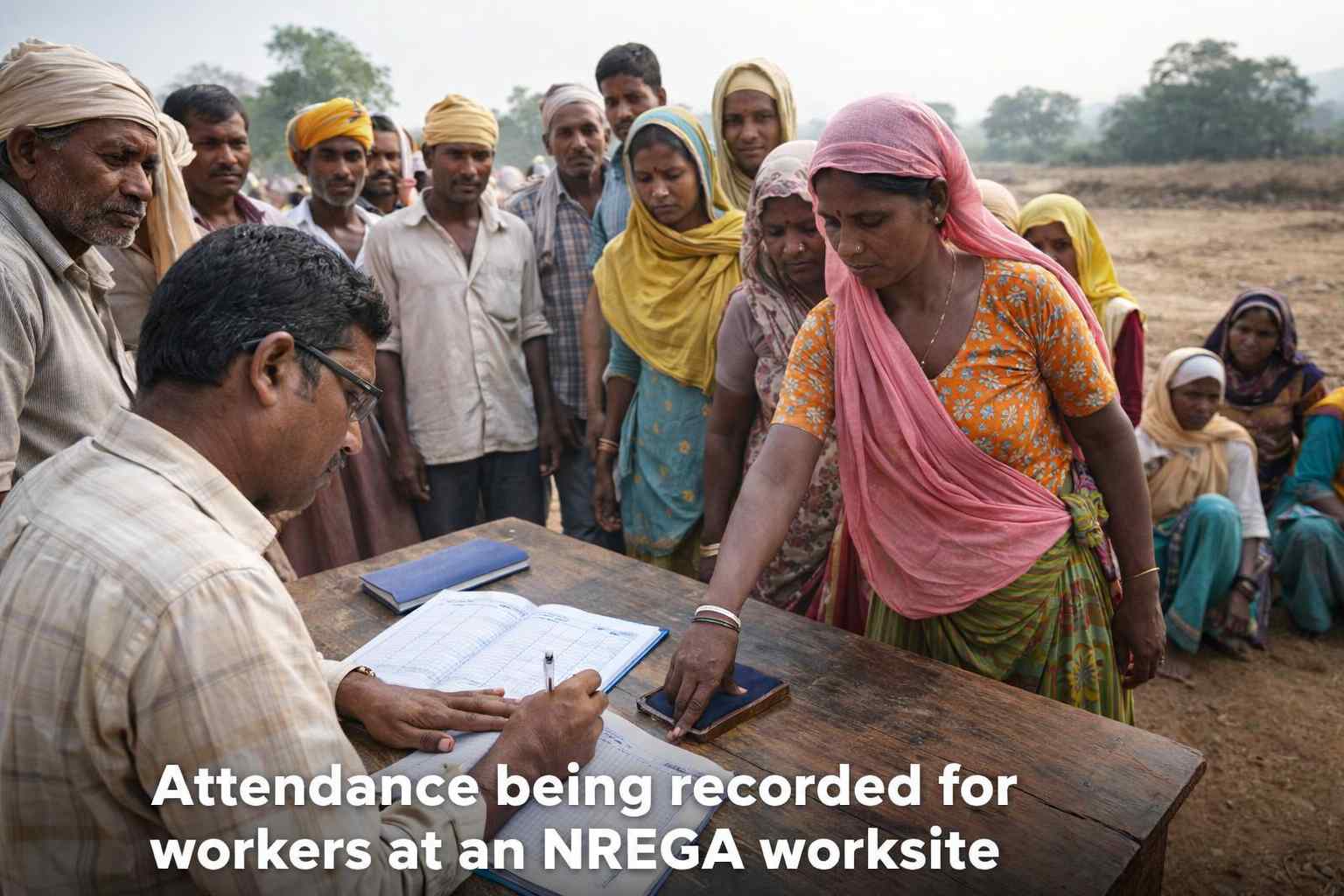 Attendance being recorded for workers at an NREGA worksite